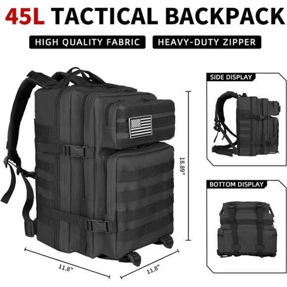 45L Tactical Backpack Molle Military Hiking Camping Bug Out Bag Black Large - Picture 3 of 7